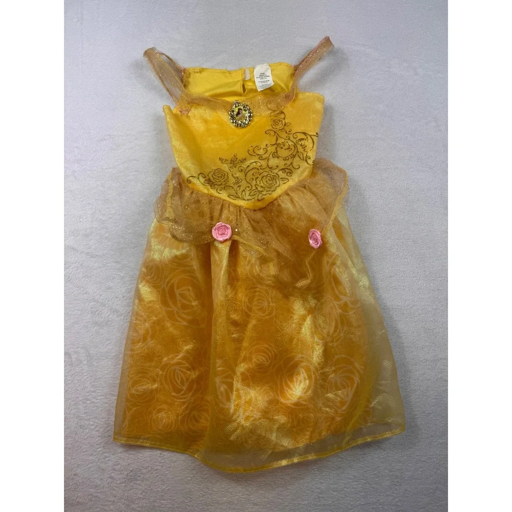 Disney Princess Belle Costume Dress Yellow Gold Glitter Rose Girls Size 4-6X